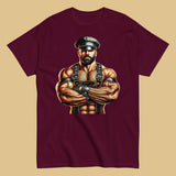 T-shirt in maroon featuring Sir Leather Alpha design - leather daddy pride wear for US gay dom community