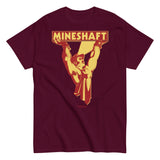 Maroon t-shirt with 'MINESHAFT' graphic design on a white background - Retro LGBTQ+ pride t-shirts US UK – Gay pride shirts collection – Made-to-order gay apparel