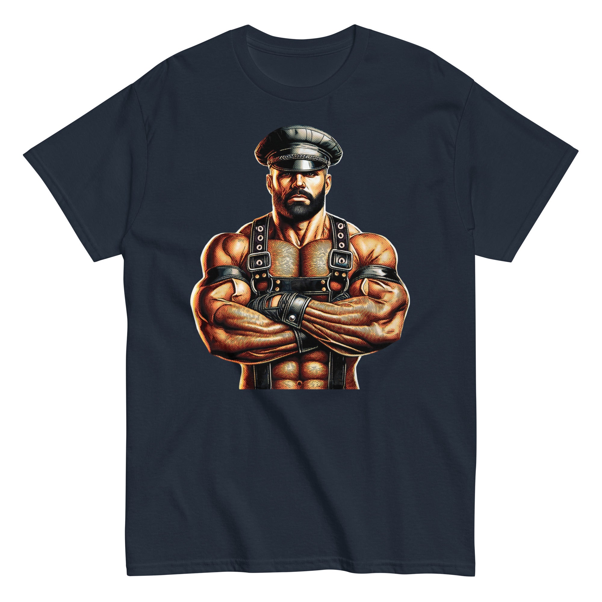 T-shirt in navy blue featuring Sir Leather Alpha design - leather daddy pride wear for US gay dom community