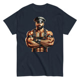 T-shirt in navy blue featuring Sir Leather Alpha design - leather daddy pride wear for US gay dom community