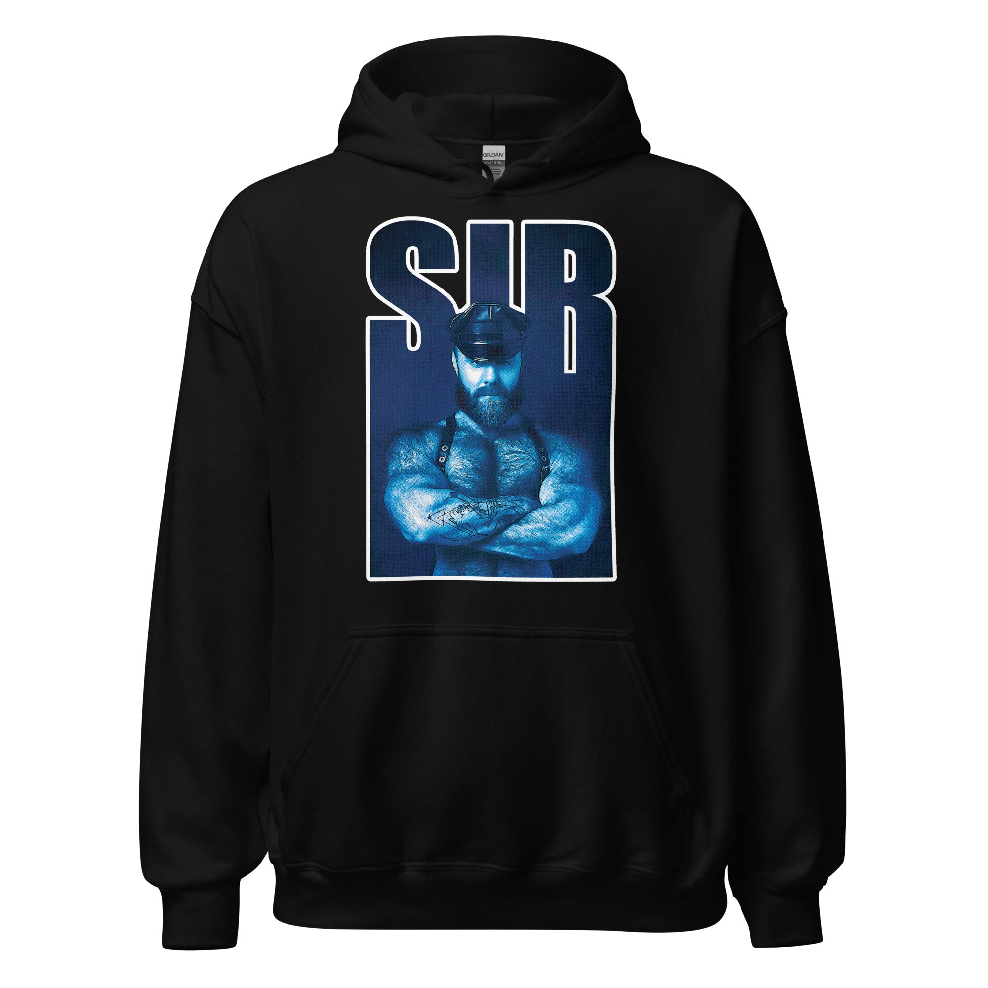Black hoodie featuring a hairy bear leather dom alpha with folded arms with the word "SIR" in blue - Sir Bear leather dom hoodie - gay bear kink pullover by BackRoom Gear apparel Store