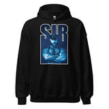 Black hoodie featuring a hairy bear leather dom alpha with folded arms with the word "SIR" in blue - Sir Bear leather dom hoodie - gay bear kink pullover by BackRoom Gear apparel Store