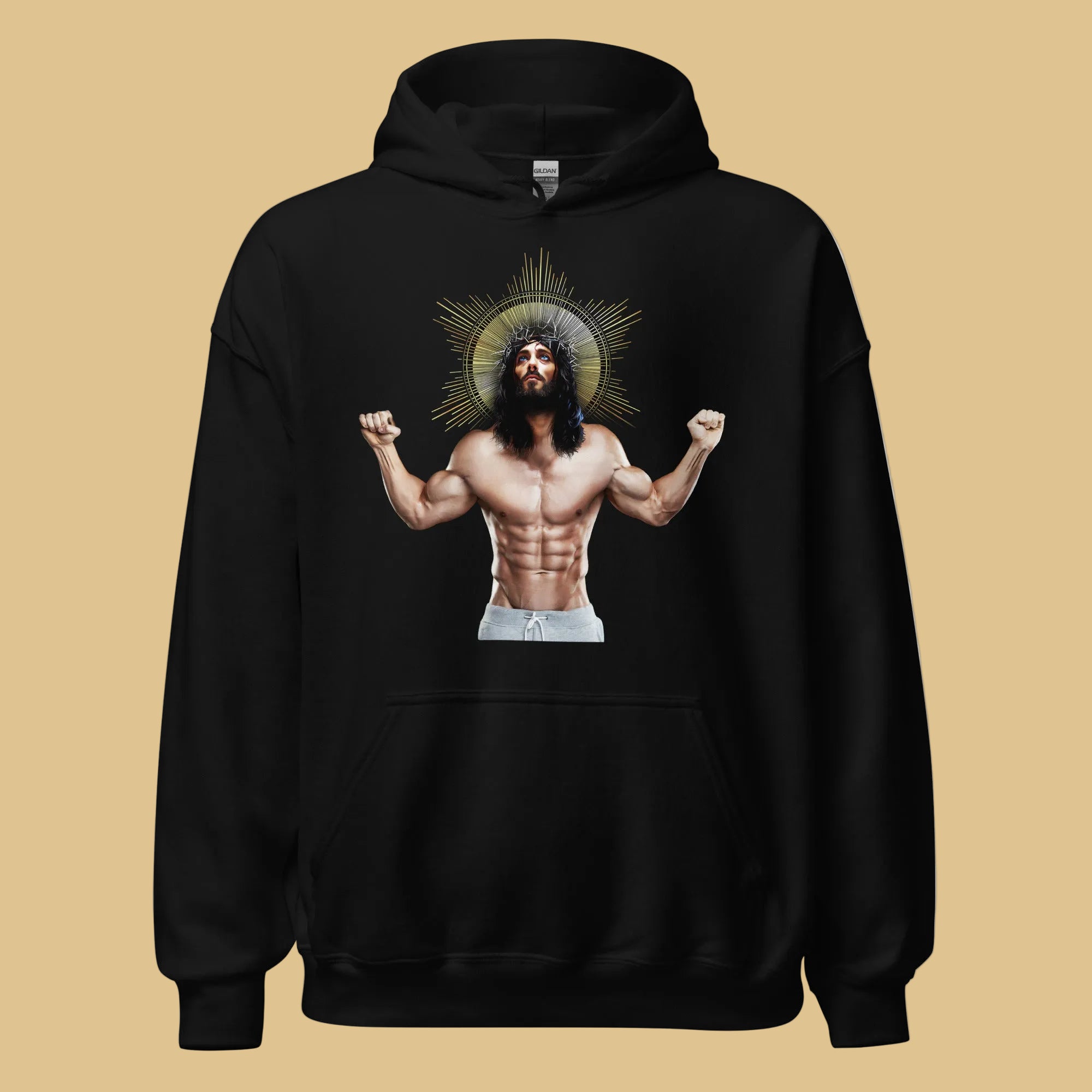 Black Hoodie featuring a Gay Jesus, muscled with six pack abs looking toward heaven, perfect for Easter with the family - Black Ripped Saviour gay religious hoodie - LGBTQ+ pride apparel by BackRoomGear
