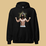 Black Hoodie featuring a Gay Jesus, muscled with six pack abs looking toward heaven, perfect for Easter with the family - Black Ripped Saviour gay religious hoodie - LGBTQ+ pride apparel by BackRoomGear