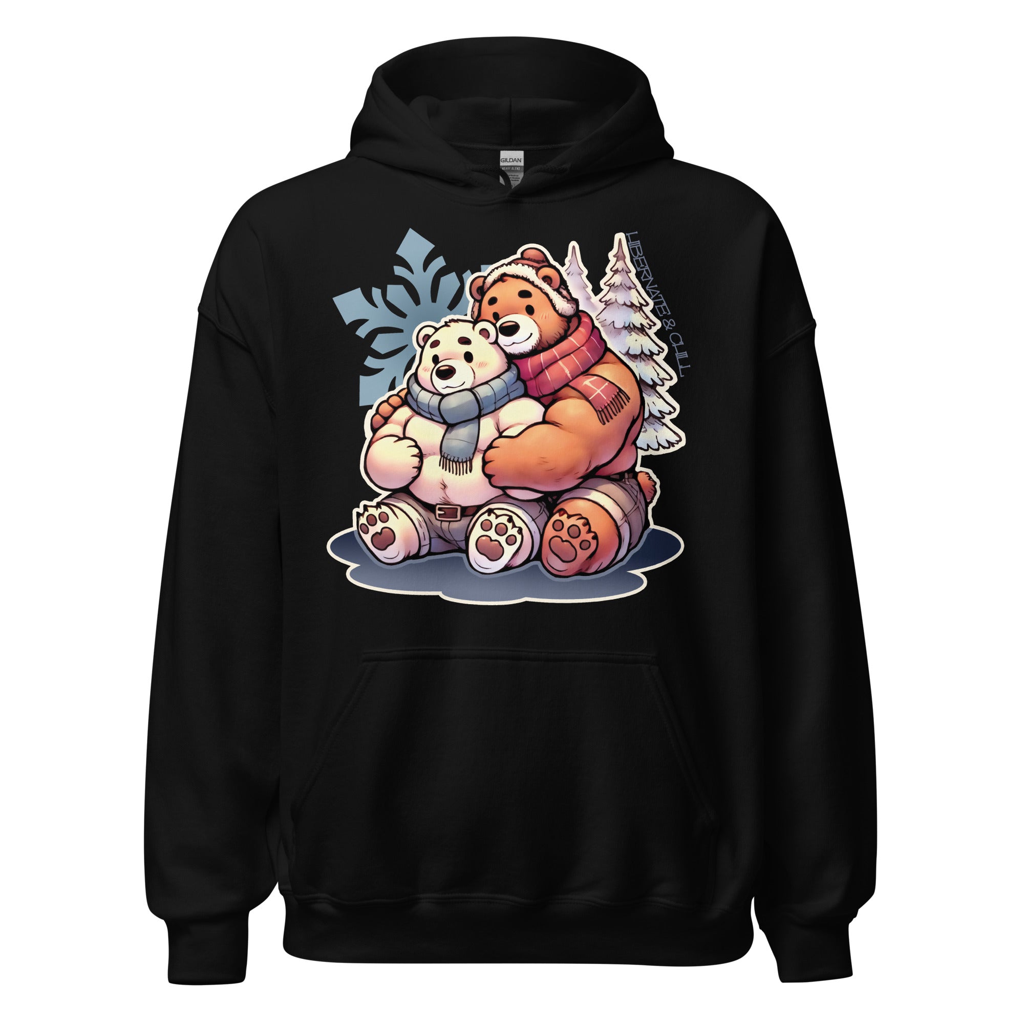 Black Hoodie featuring cuddly bear winter design - cozy winter wear for US gay bear community