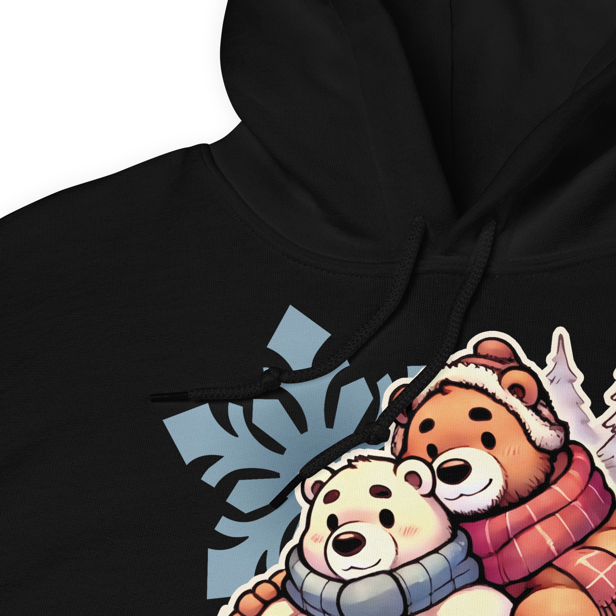 Close up of Hoodie in black featuring cuddly bear winter design - cozy winter wear for US gay bear community
