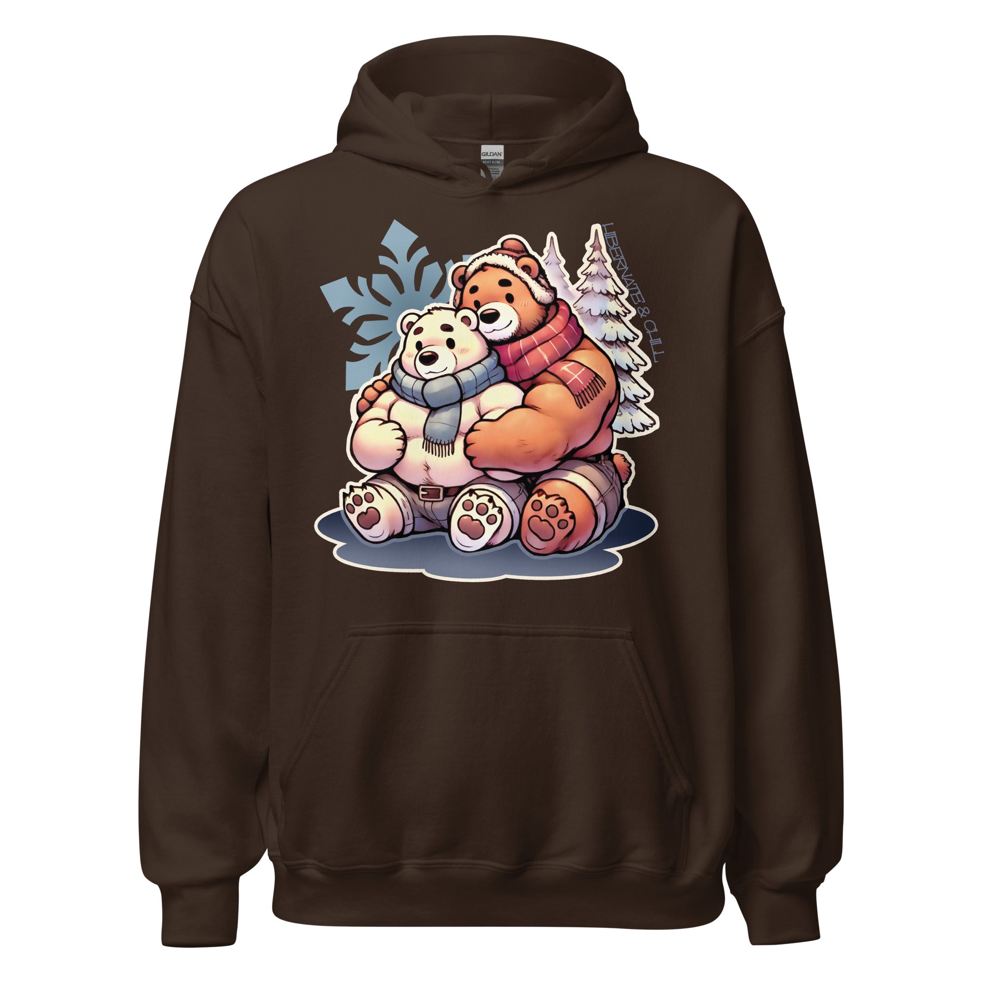 Hoodie in dark chocolate featuring cuddly bear winter design - cozy winter wear for US gay bear community