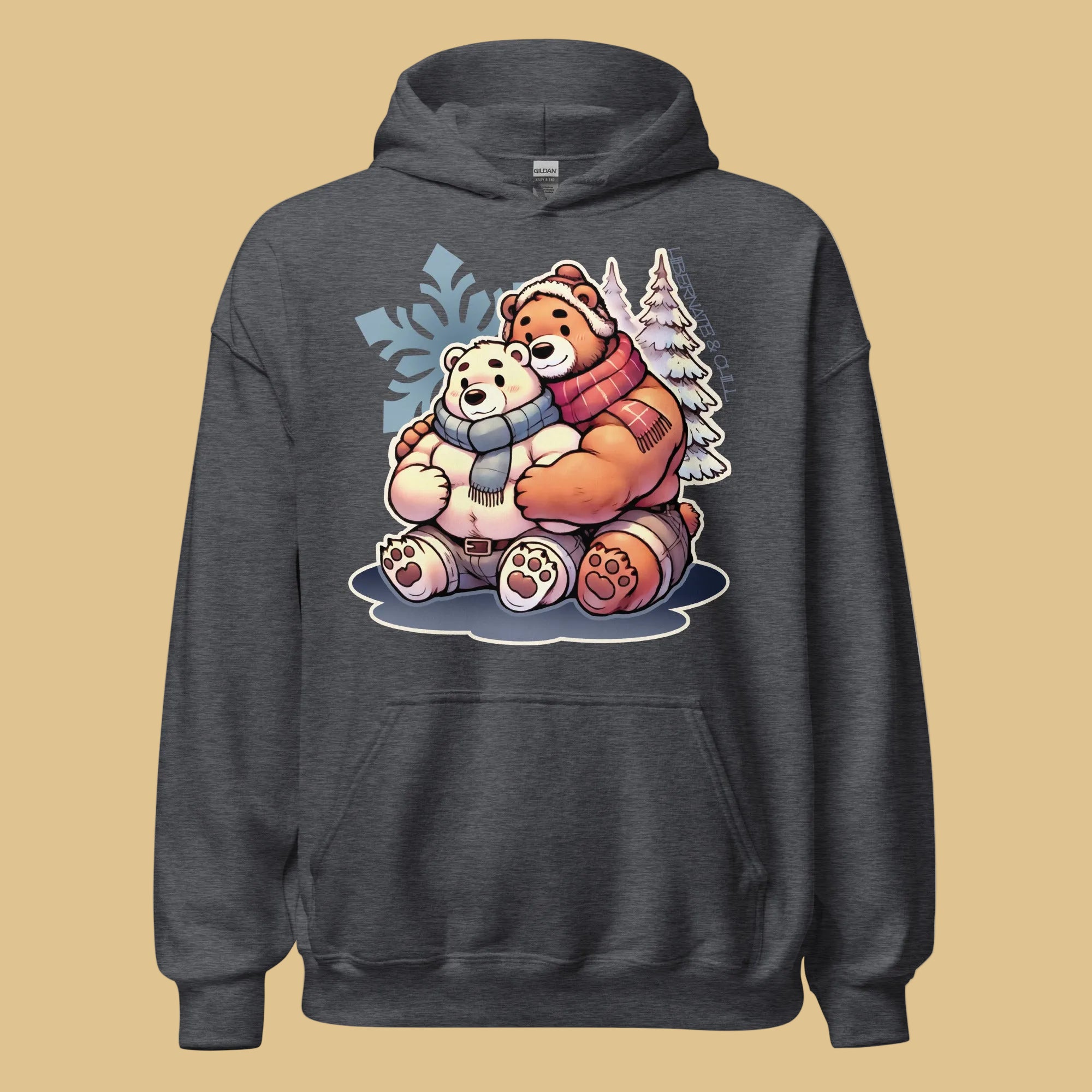 Dark Heather gray Hoodie featuring cuddly bear winter design - cozy winter wear for US gay bear community