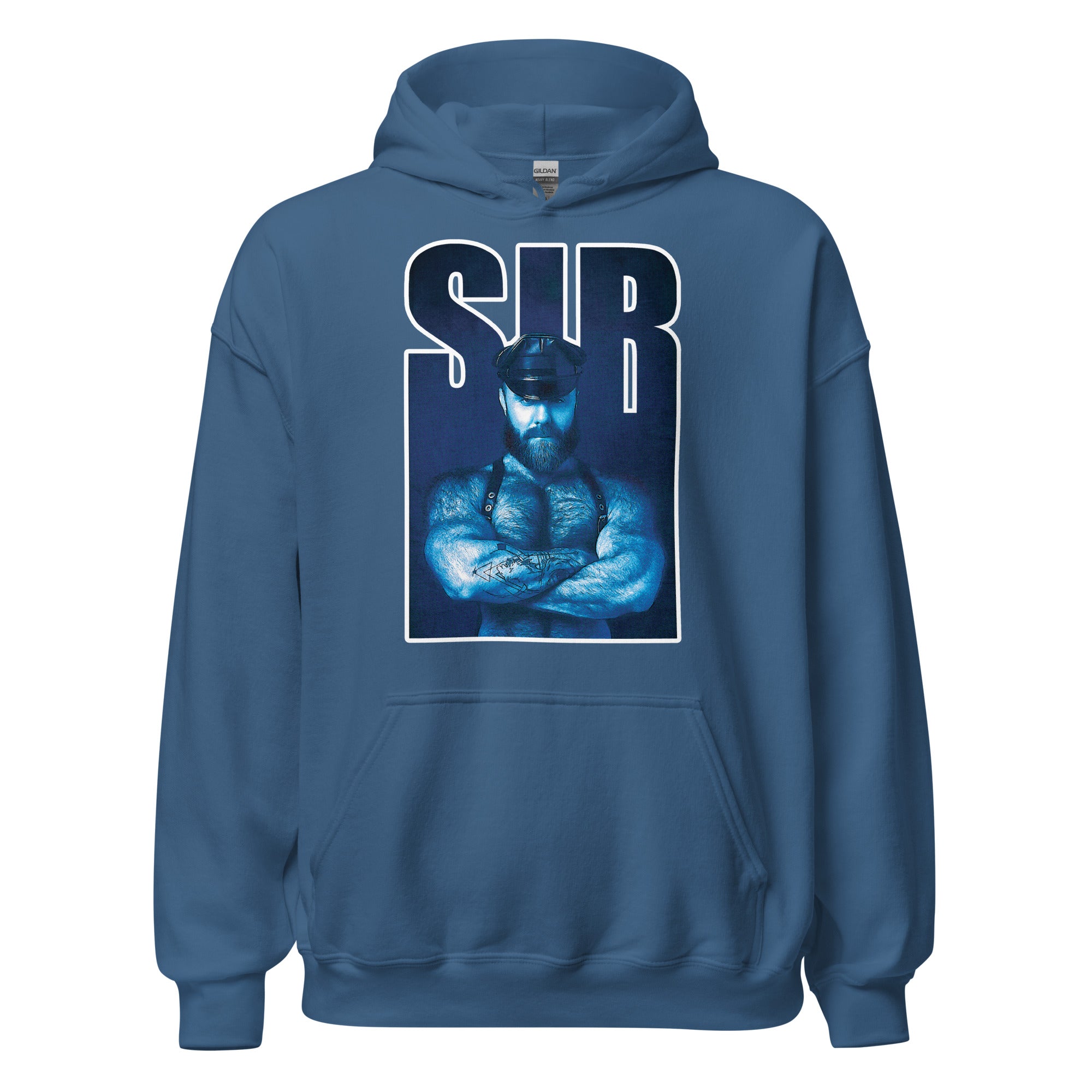 Sir Bear indigo blue eaturing a hairy bear leather dom alpha with folded arms with the word "SIR" in blue - Sir Bear leather dom hoodie - gay bear kink pullover by BackRoom Gear