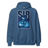 Sir Bear indigo blue eaturing a hairy bear leather dom alpha with folded arms with the word "SIR" in blue - Sir Bear leather dom hoodie - gay bear kink pullover by BackRoom Gear