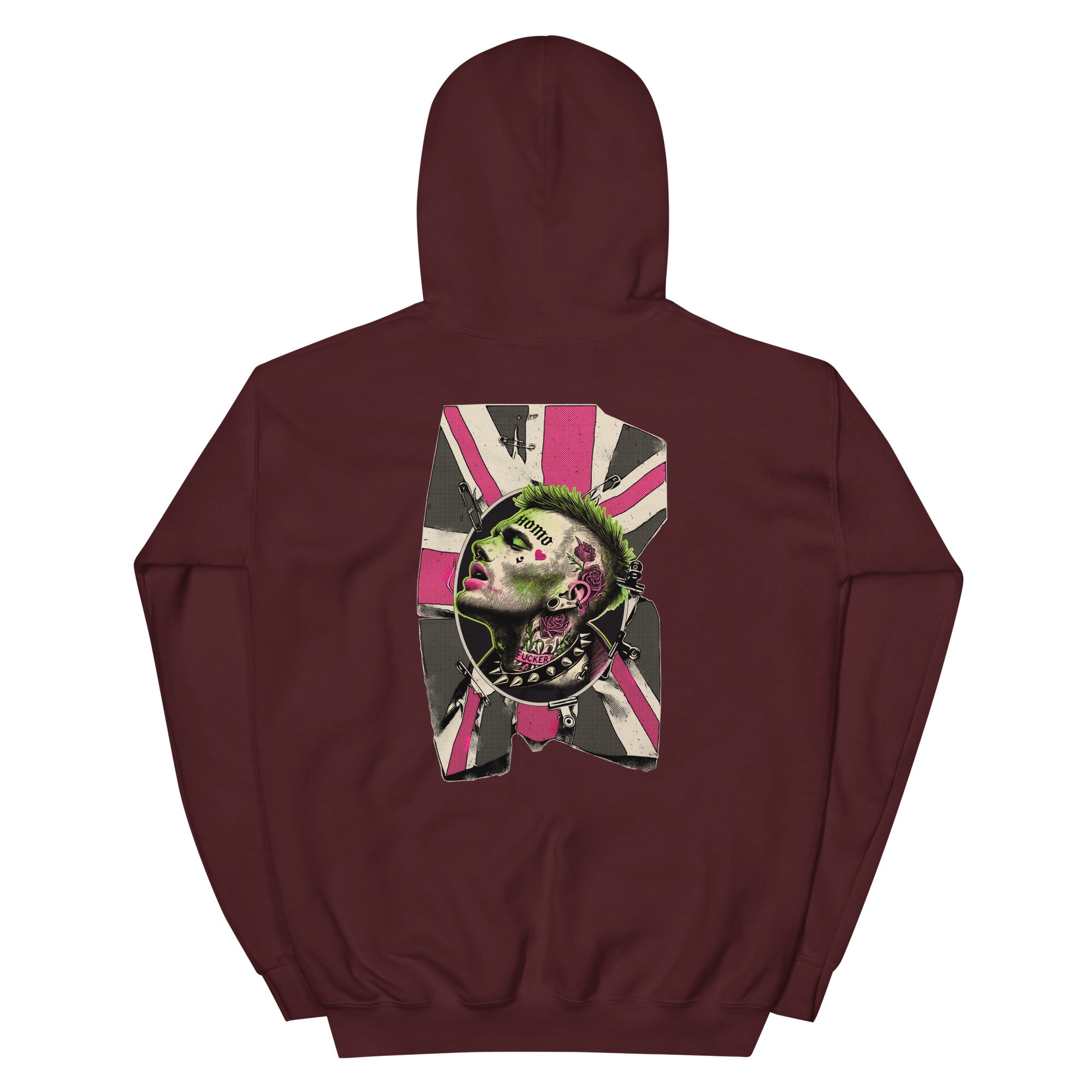 Maroon hoodie with a unique homosexual pink & green punk design with the union jack on the back against a beige background - Queer Punk Anthem hoodie - gay rebel pride LGBTQ+ pullover by BackRoomGear