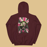 Maroon hoodie with a unique homosexual pink & green punk design with the union jack on the back against a beige background - Queer Punk Anthem hoodie - gay rebel pride LGBTQ+ pullover by BackRoomGear