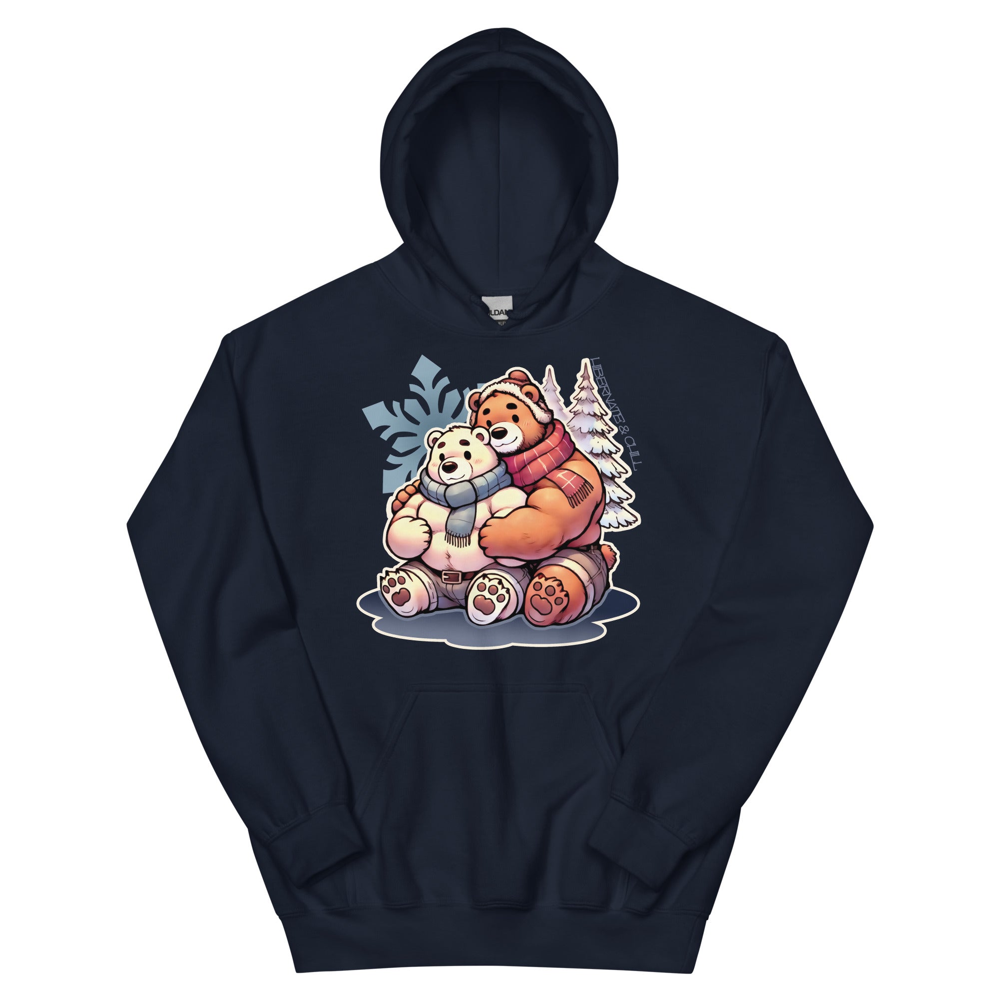 Navy Hoodie featuring cuddly bear winter design - cozy winter wear for US gay bear community