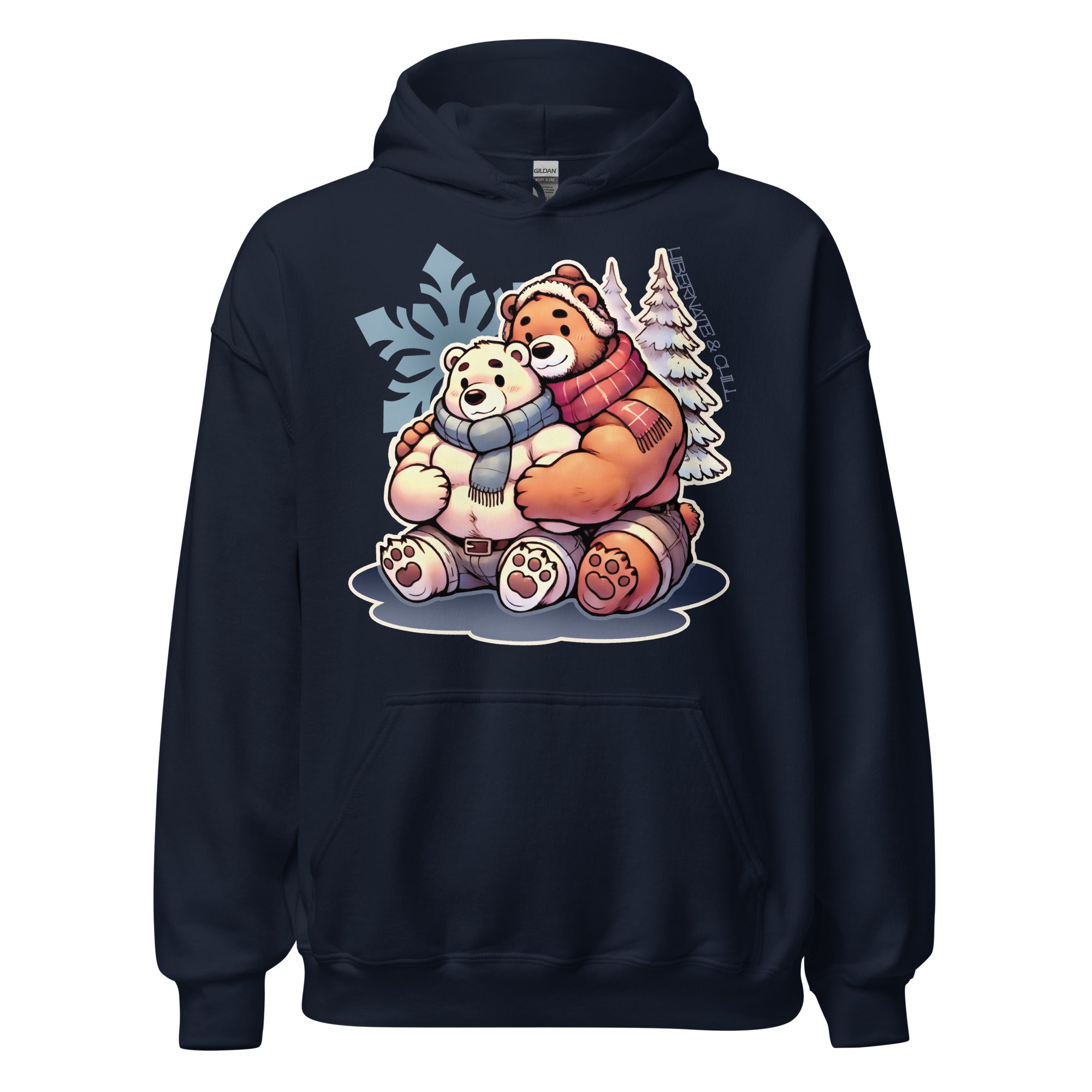 Navy Hoodie featuring cuddly bear winter design - cozy winter wear for US gay bear community