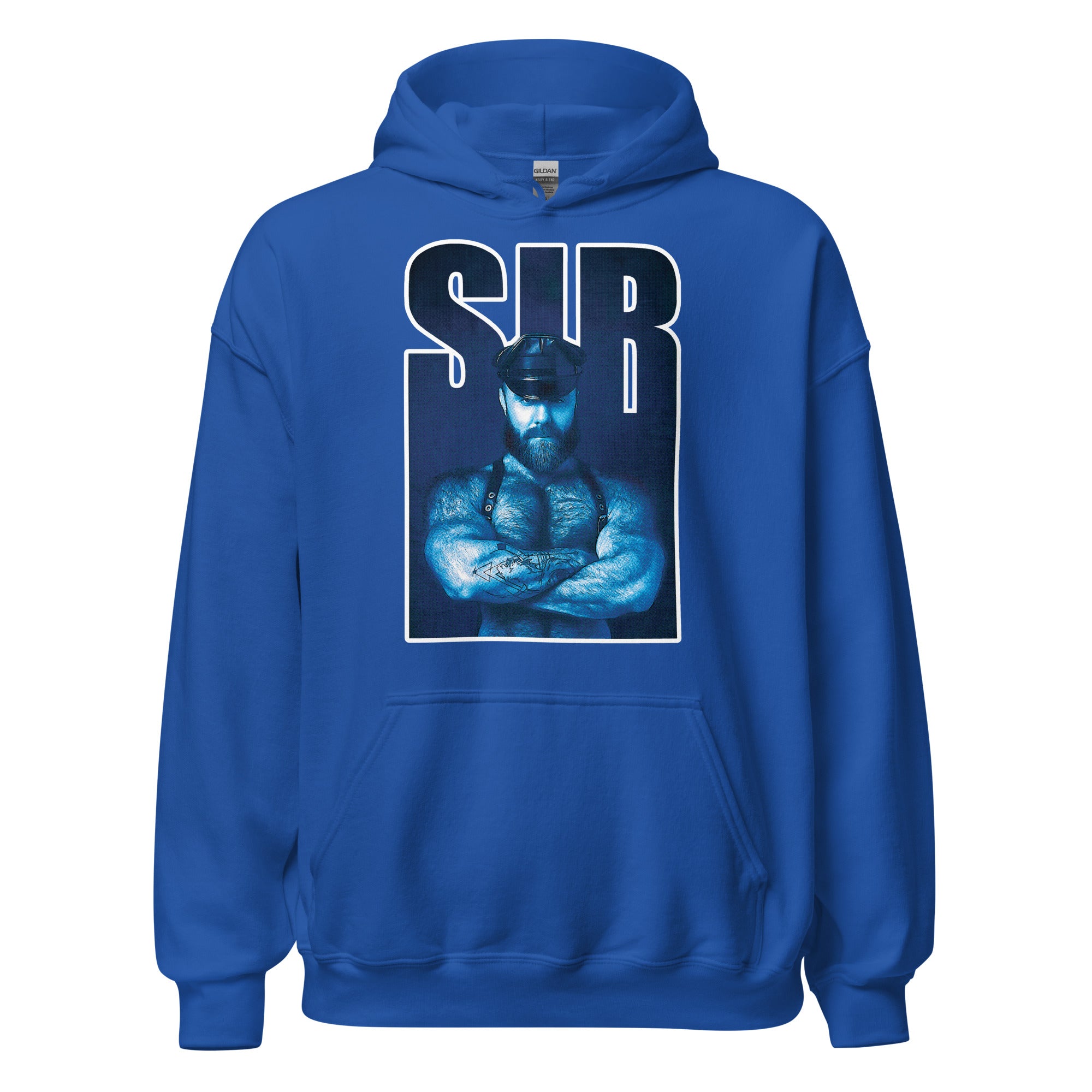 Sir Bear royal blue hoodie eaturing a hairy bear leather dom alpha with folded arms with the word "SIR" in blue - Sir Bear leather dom hoodie - gay bear kink pullover by BackRoom Gear