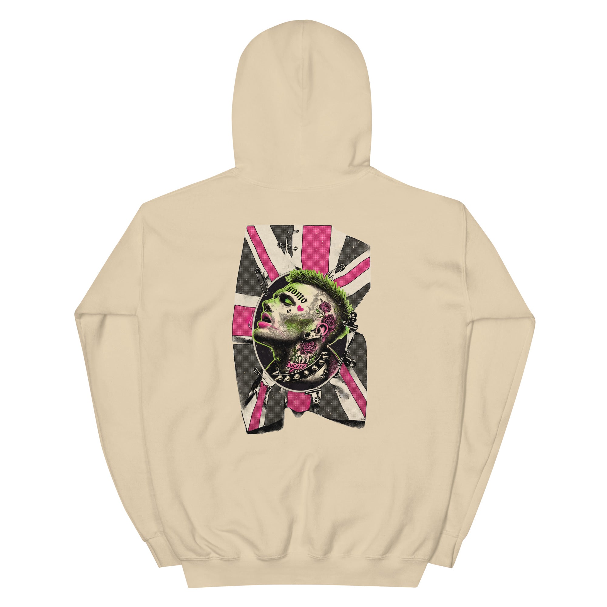 Sand beige hoodie with a unique homosexual pink & green punk design with the union jack on the back against a beige background - Queer Punk Anthem hoodie - gay rebel pride LGBTQ+ pullover by BackRoomGear