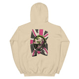 Sand beige hoodie with a unique homosexual pink & green punk design with the union jack on the back against a beige background - Queer Punk Anthem hoodie - gay rebel pride LGBTQ+ pullover by BackRoomGear
