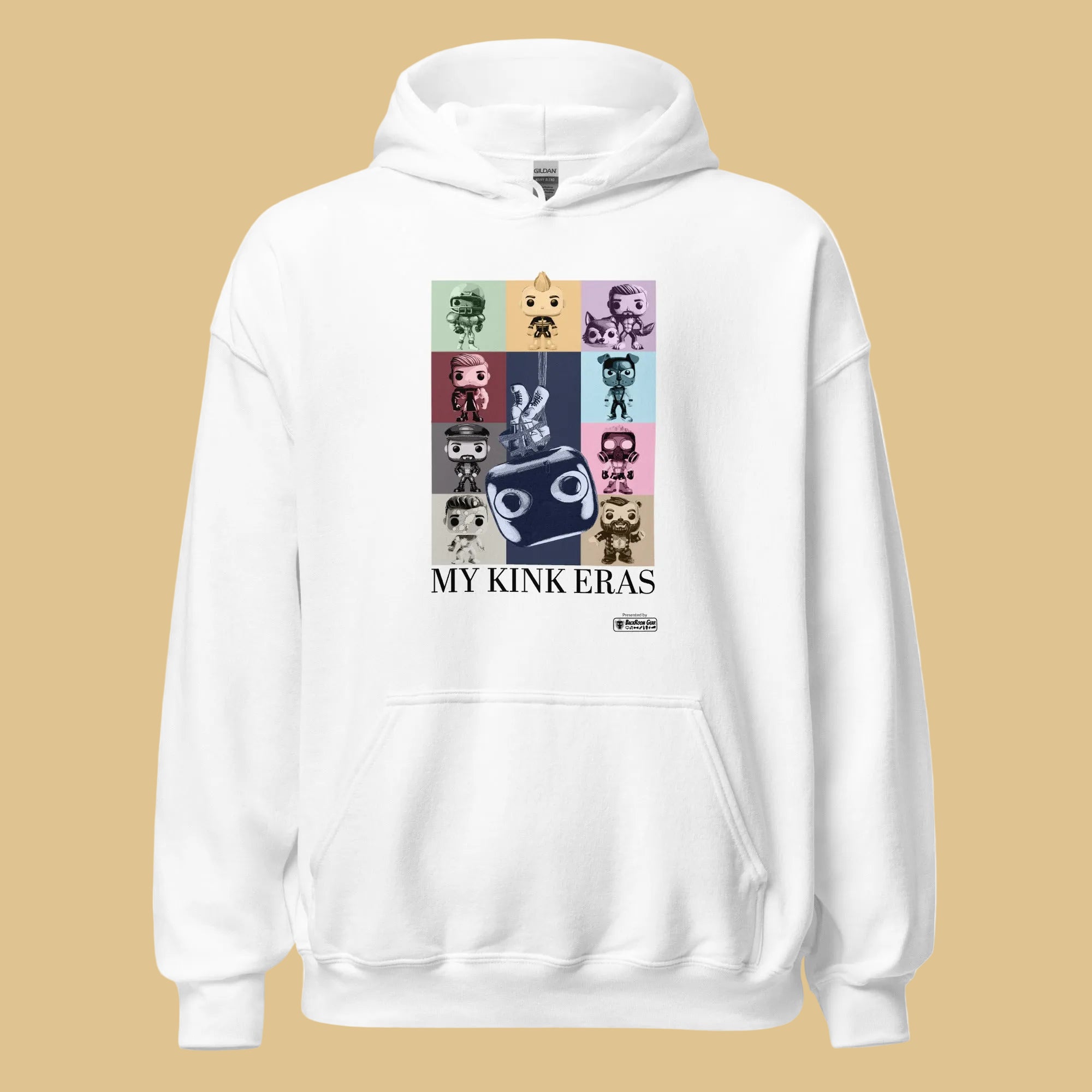 White hoodie featuring kinky pop vinyl graphic such as fisting and watersports as a tribute to Taylor Swift's Eras Tour Poster- White Kink Eras pullover - LGBTQ+ kink pride parody jumper by BackRoom Gear