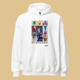 White hoodie featuring kinky pop vinyl graphic such as fisting and watersports as a tribute to Taylor Swift's Eras Tour Poster- White Kink Eras pullover - LGBTQ+ kink pride parody jumper by BackRoom Gear