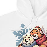 closeup of white Hoodie featuring cuddly bear winter design - cozy winter wear for US gay bear community