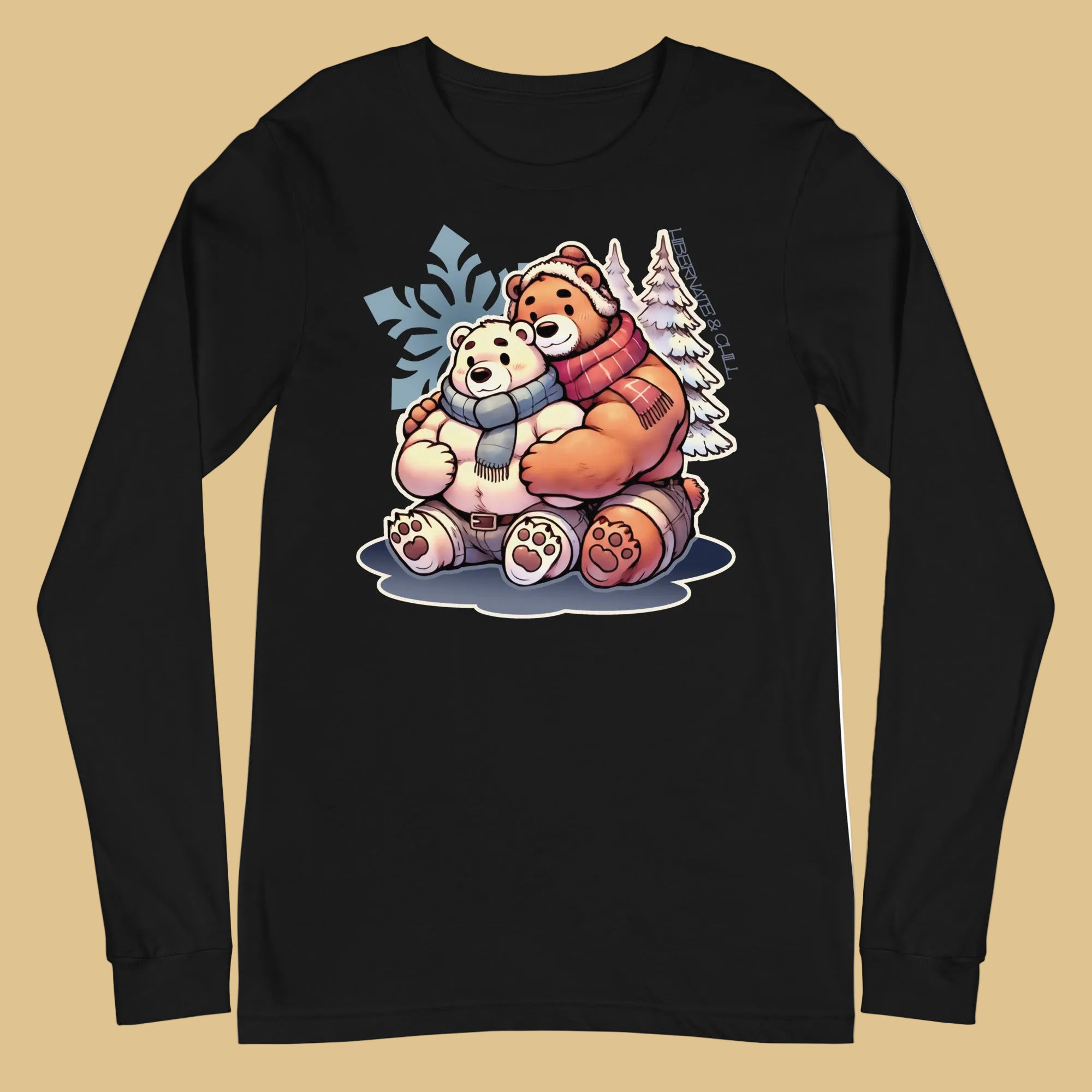 Long sleeve tee in black featuring cuddly bear winter design - cozy winter wear for US gay bear community