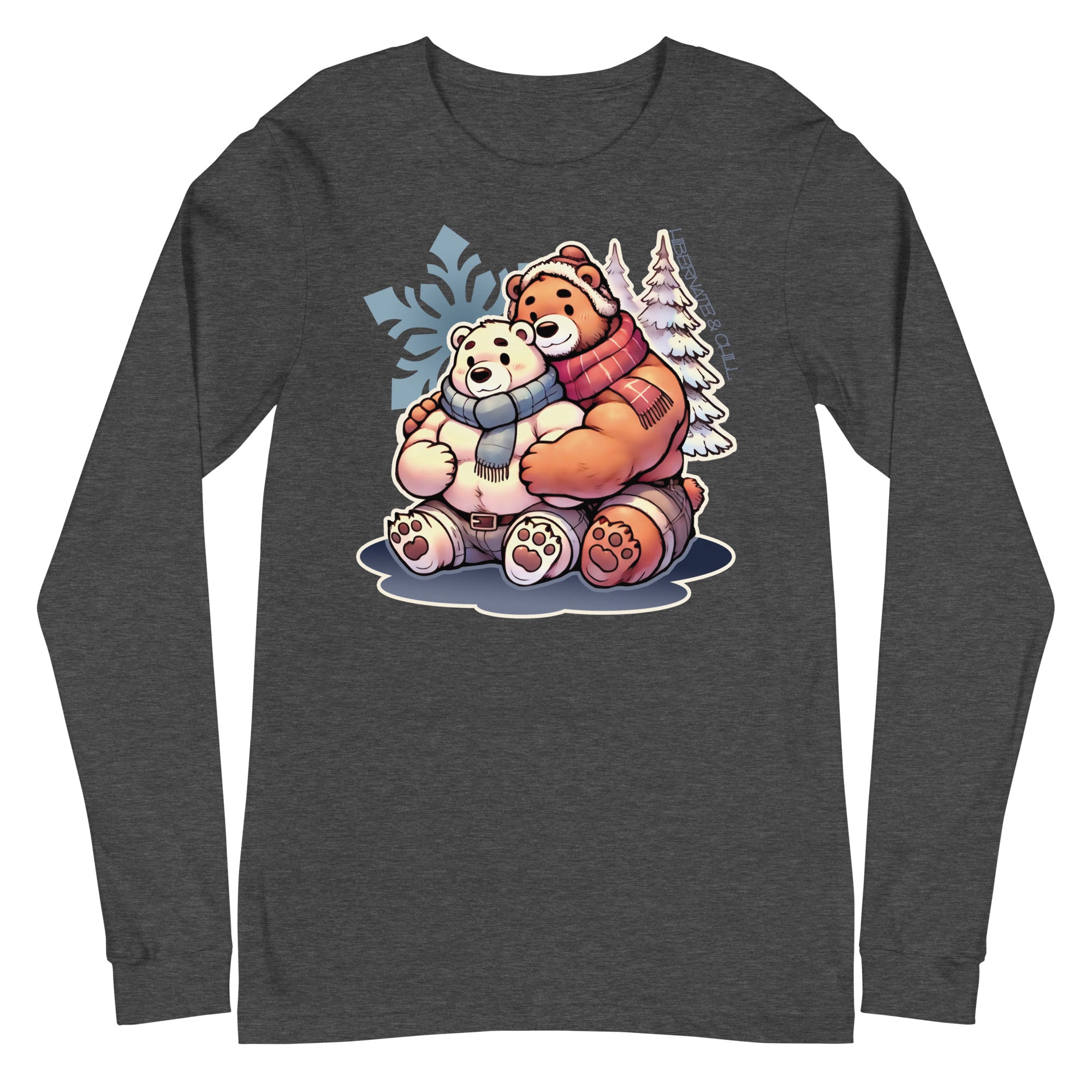 Long sleeve tee in dark gray heather featuring cuddly bear winter design - cozy winter wear for US gay bear community
