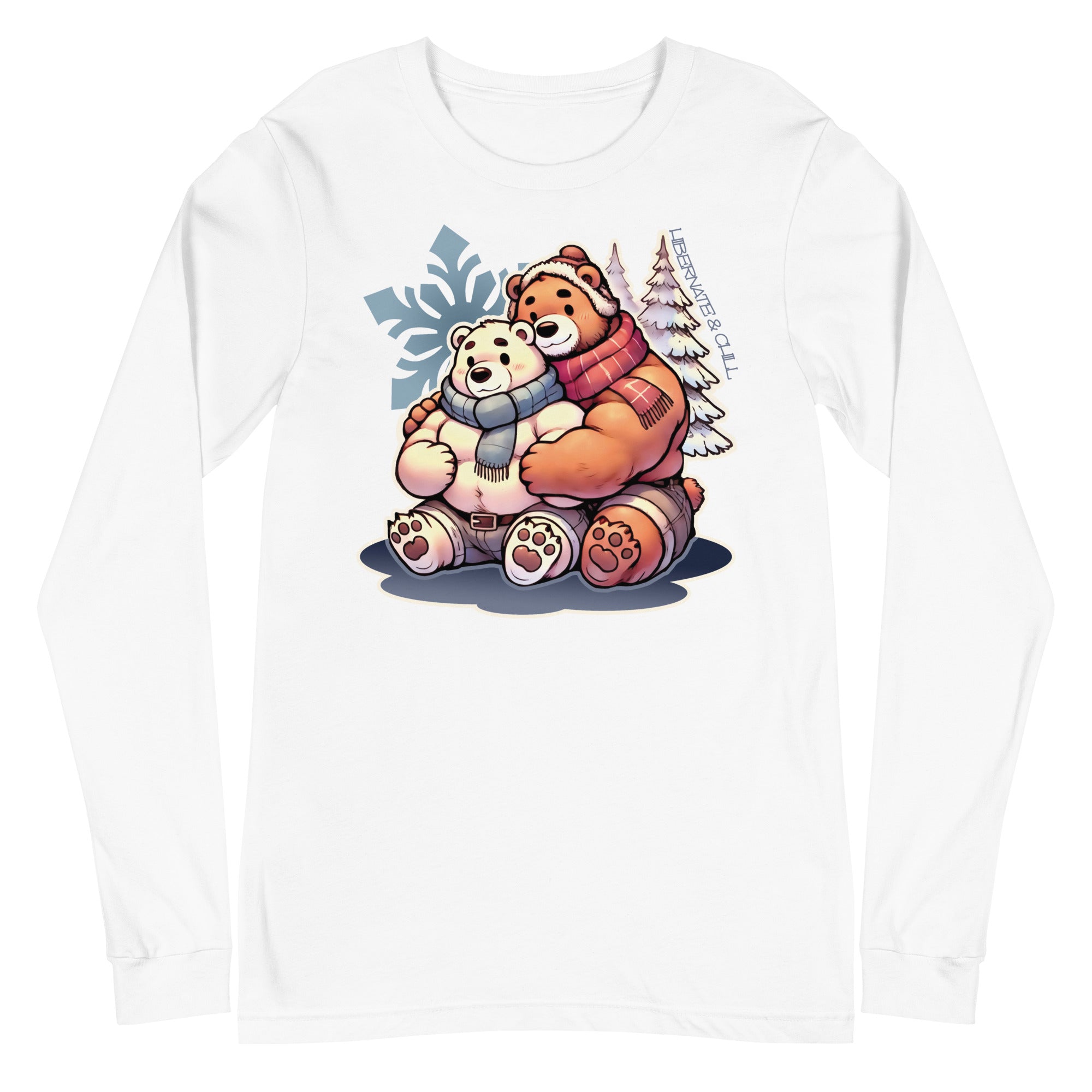 Long sleeve tee in white featuring cuddly bear winter design - cozy winter wear for US gay bear community