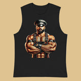 Muscle shirt in black featuring Sir Leather Alpha design - leather daddy pride wear for US gay dom community