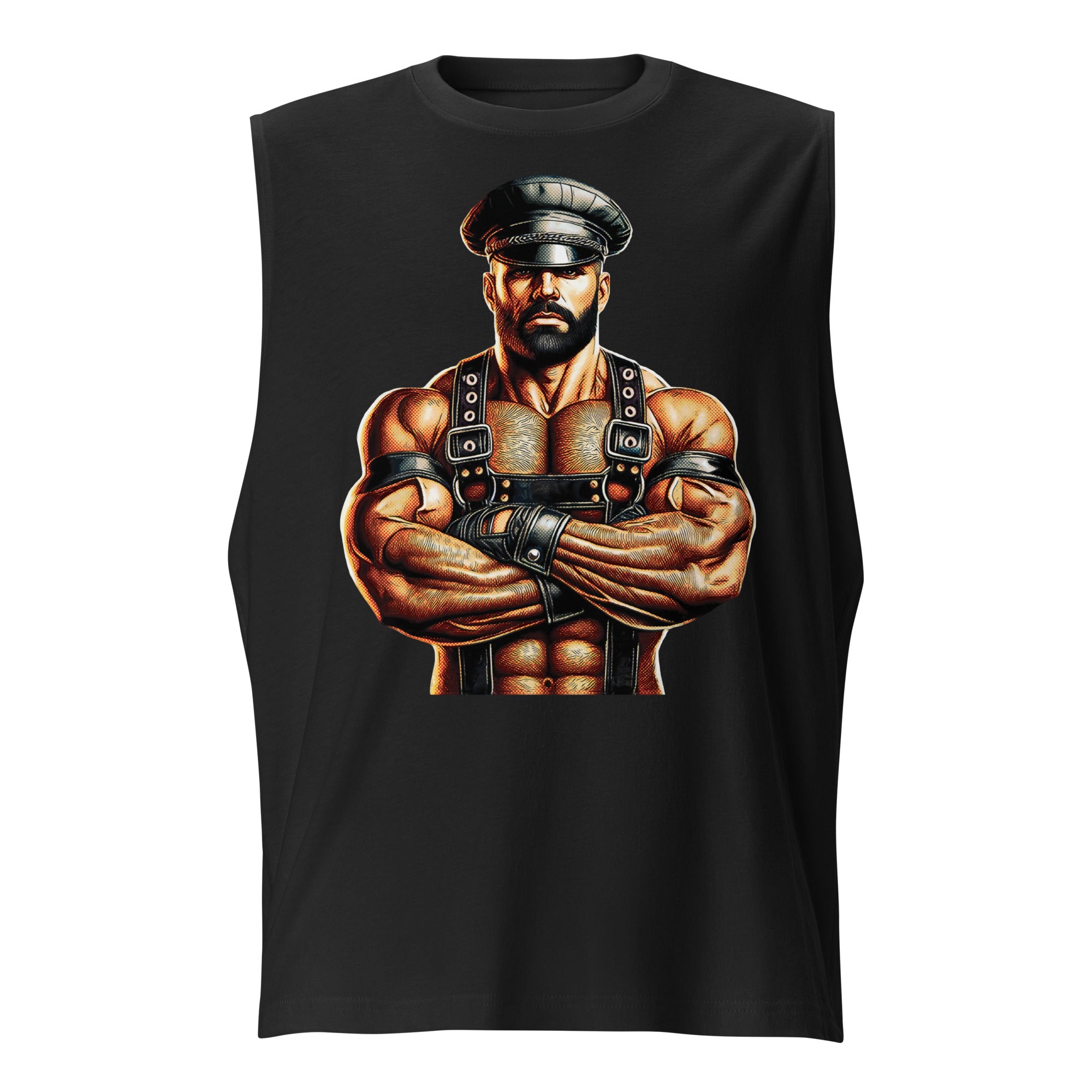 Muscle shirt in black featuring Sir Leather Alpha design - leather daddy pride wear for US gay dom community