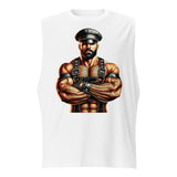 Muscle shirt in white featuring Sir Leather Alpha design - leather daddy pride wear for US gay dom community
