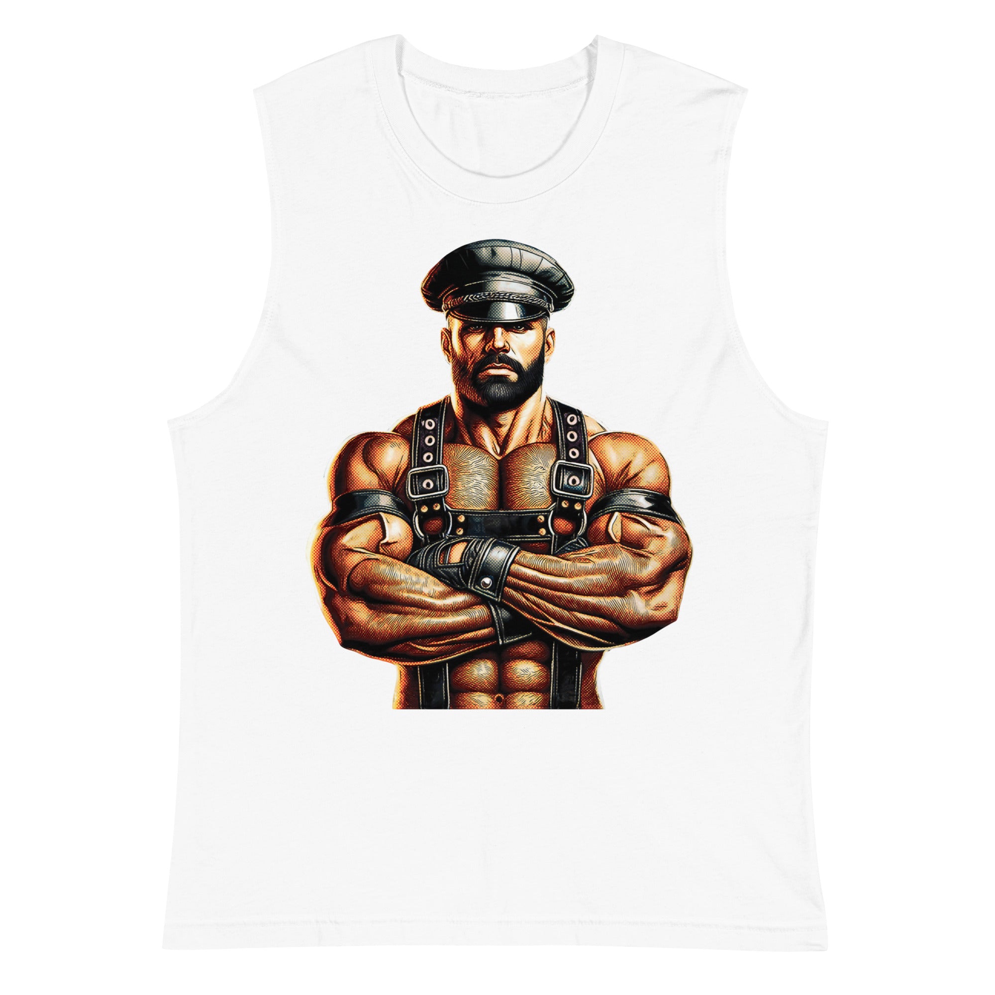 Muscle shirt in white featuring Sir Leather Alpha design - leather daddy pride wear for US gay dom community