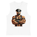 Muscle shirt in white featuring Sir Leather Alpha design - leather daddy pride wear for US gay dom community