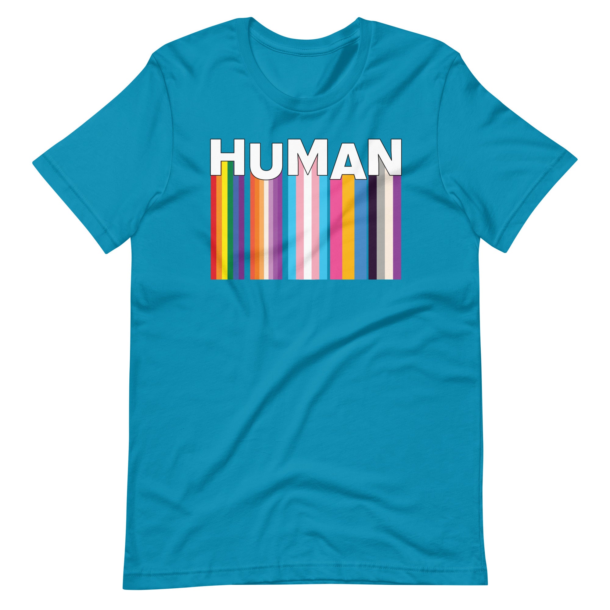 We Are Human Aqua blue T-Shirt Flat - BackRoom Gear - Human Rainbow Heart Pride T-Shirt – LGBTQ+ Love Unity Tee – Inclusive rainbow pride shirt – LGBTQ+ pride t-shirts US UK – Made-to-order LGBTQ clothing