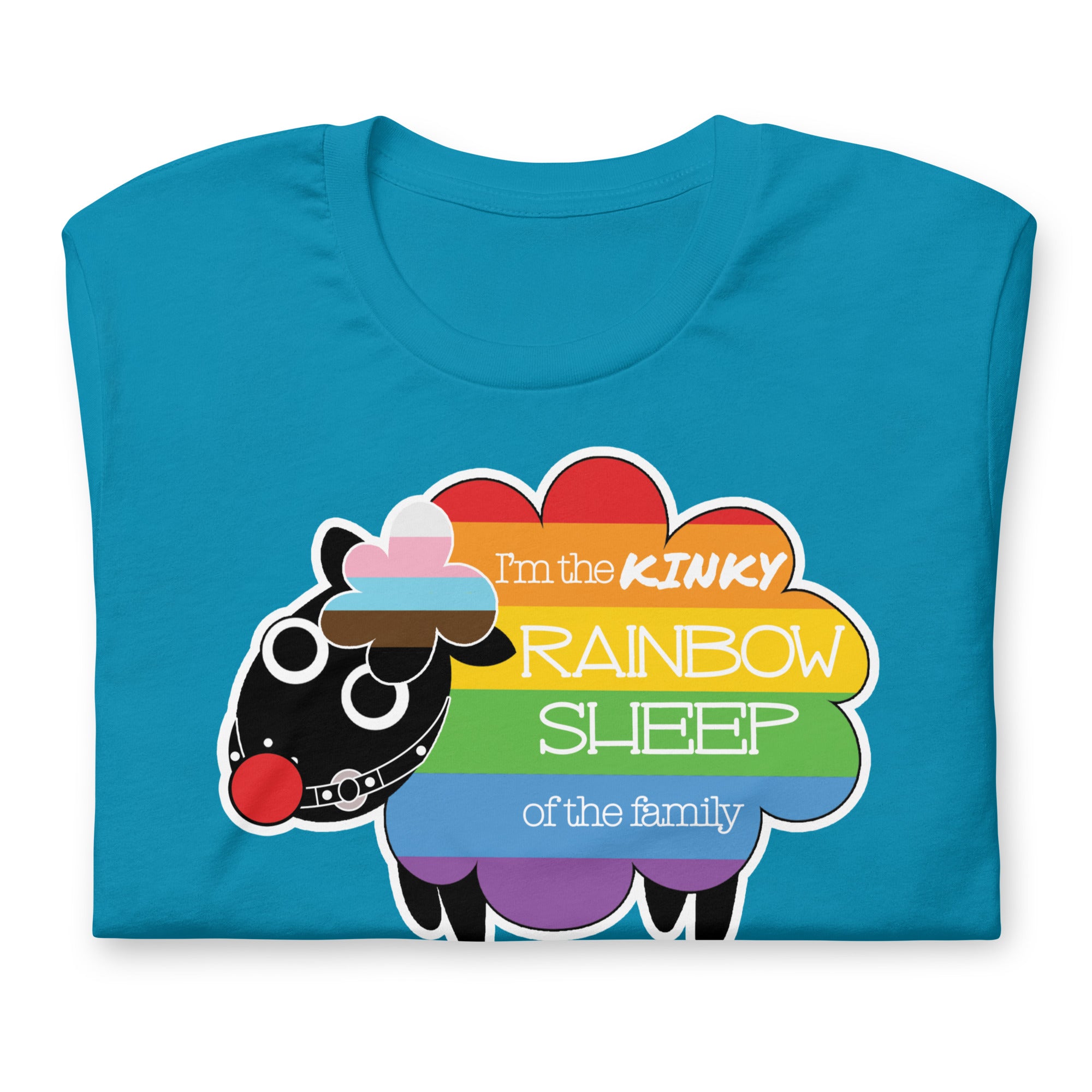 Aqua blue Kinky Rainbow Sheep T-Shirt – LGBTQ+ Kink Pride Tee – Gay pride shirts collection – LGBTQ+ pride t-shirts US UK – Made-to-order gay apparel