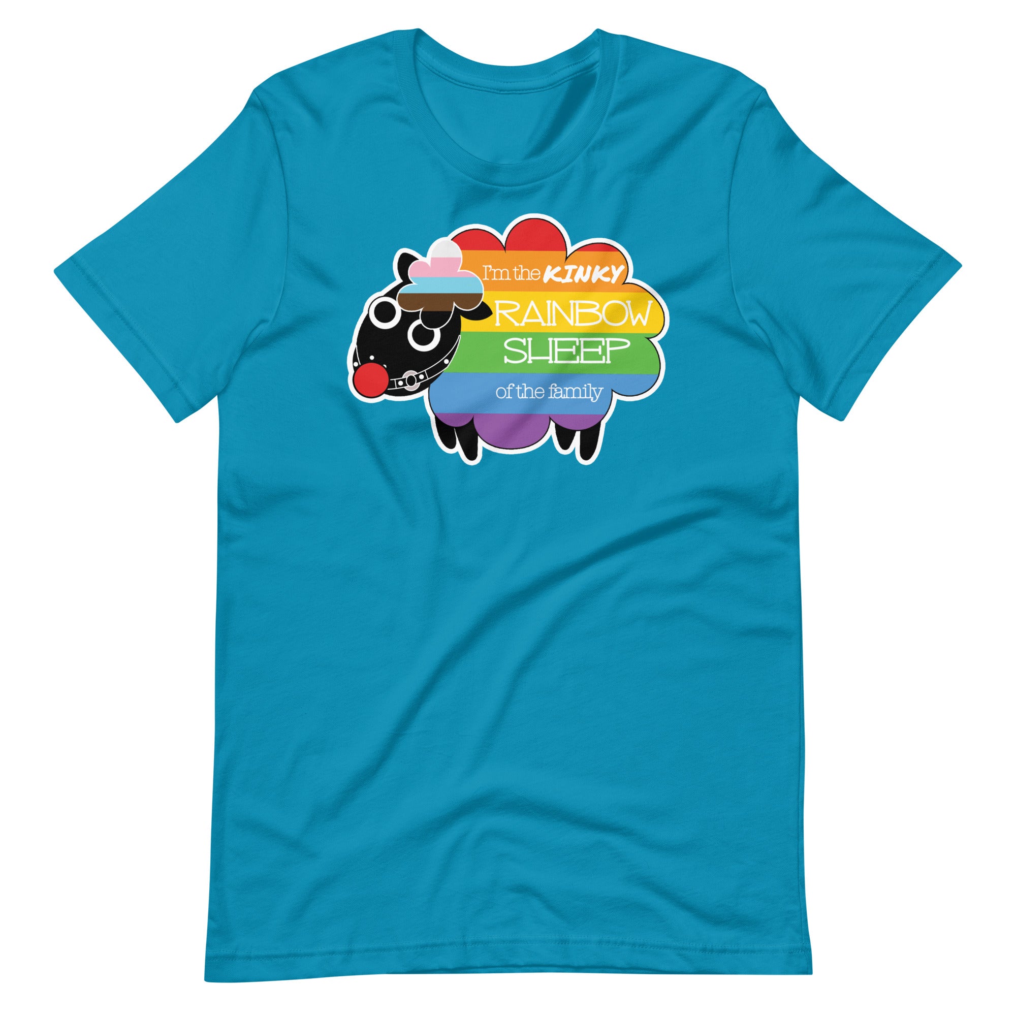 Aqua Kinky Rainbow Sheep T-Shirt – LGBTQ+ Kink Pride Tee – Gay pride shirts collection – LGBTQ+ pride t-shirts US UK – Made-to-order gay apparel