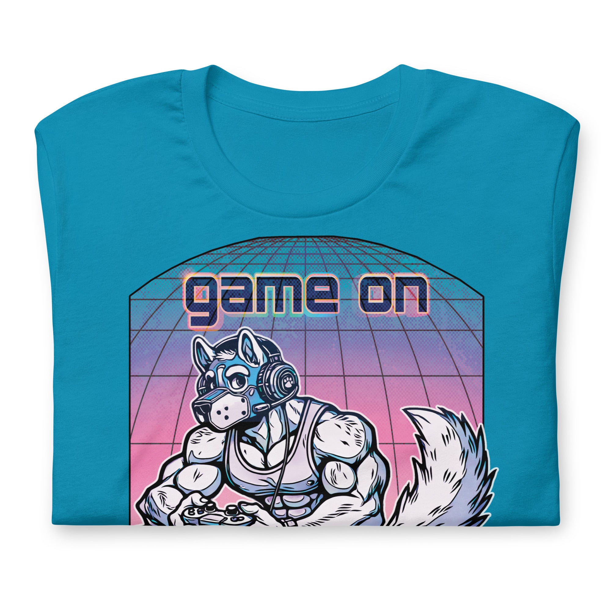 Folded aqua t-shirt with a "Game On Pup" graphic design – Gamer Gay Pup Play T-Shirt – LGBTQ+ pride t-shirts US UK – Gay pride shirts collection – Made-to-order gay apparel