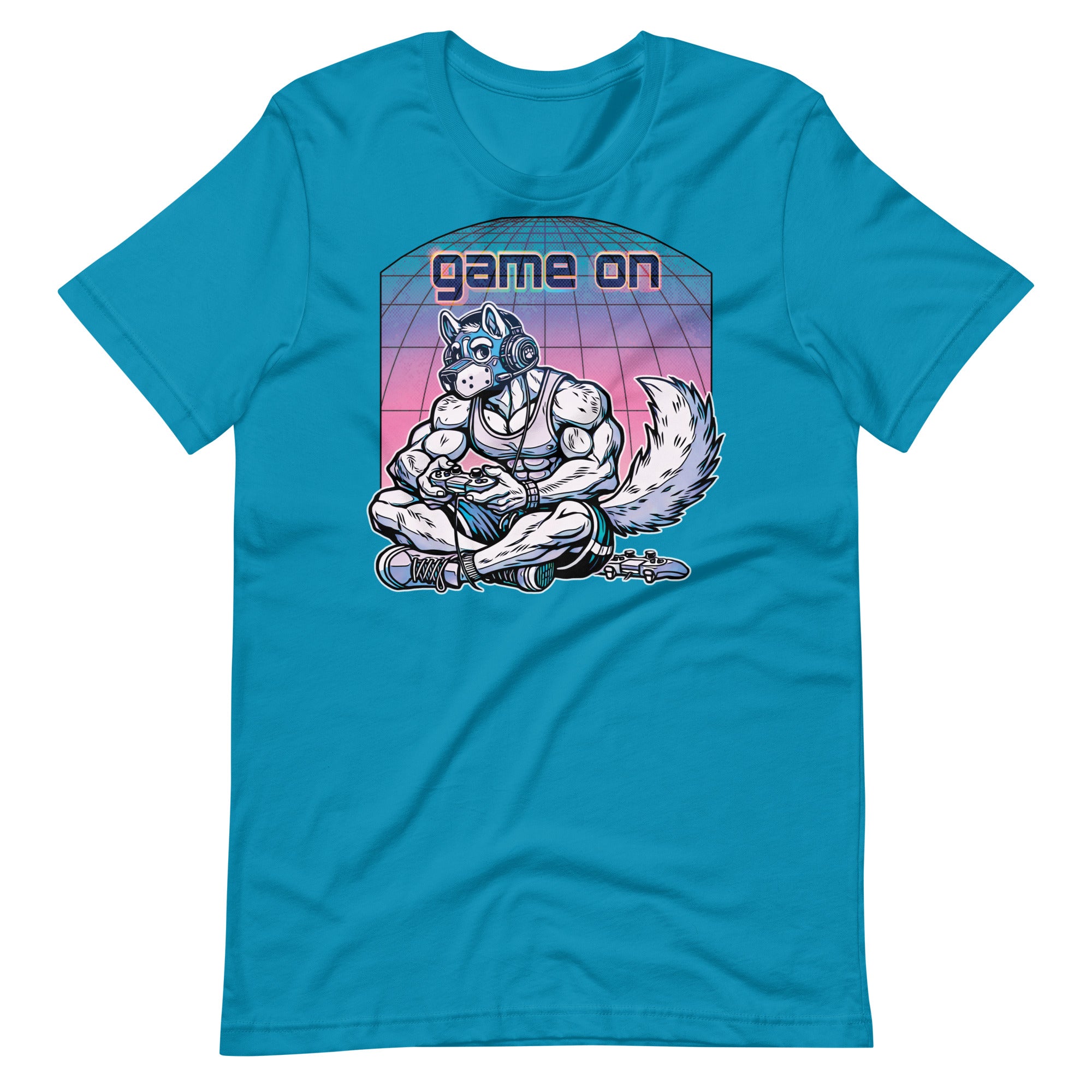Aqua t-shirt with a "Game On Pup" graphic design – Gamer Gay Pup Play T-Shirt – LGBTQ+ pride t-shirts US UK – Gay pride shirts collection – Made-to-order gay apparel