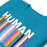 We Are Human Aqua blue T-Shirt Zoomed - BackRoom Gear - Human Rainbow Heart Pride T-Shirt – LGBTQ+ Love Unity Tee – Inclusive rainbow pride shirt – LGBTQ+ pride t-shirts US UK – Made-to-order LGBTQ clothing