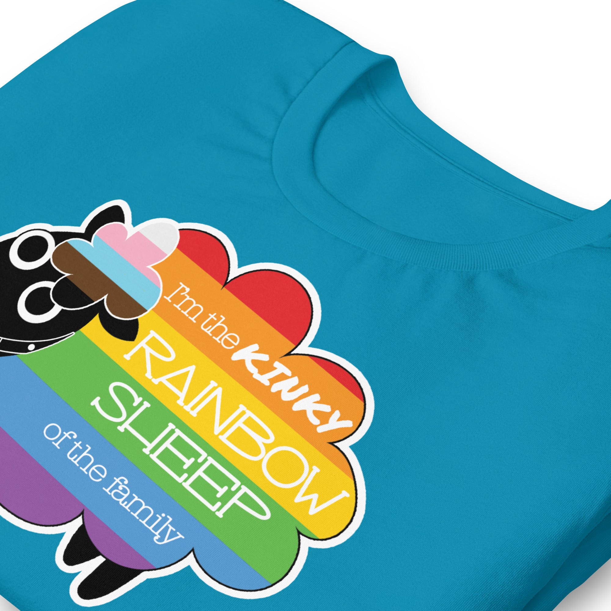 Aqua blue Kinky Rainbow Sheep T-Shirt – LGBTQ+ Kink Pride Tee – Gay pride shirts collection – LGBTQ+ pride t-shirts US UK – Made-to-order gay apparel