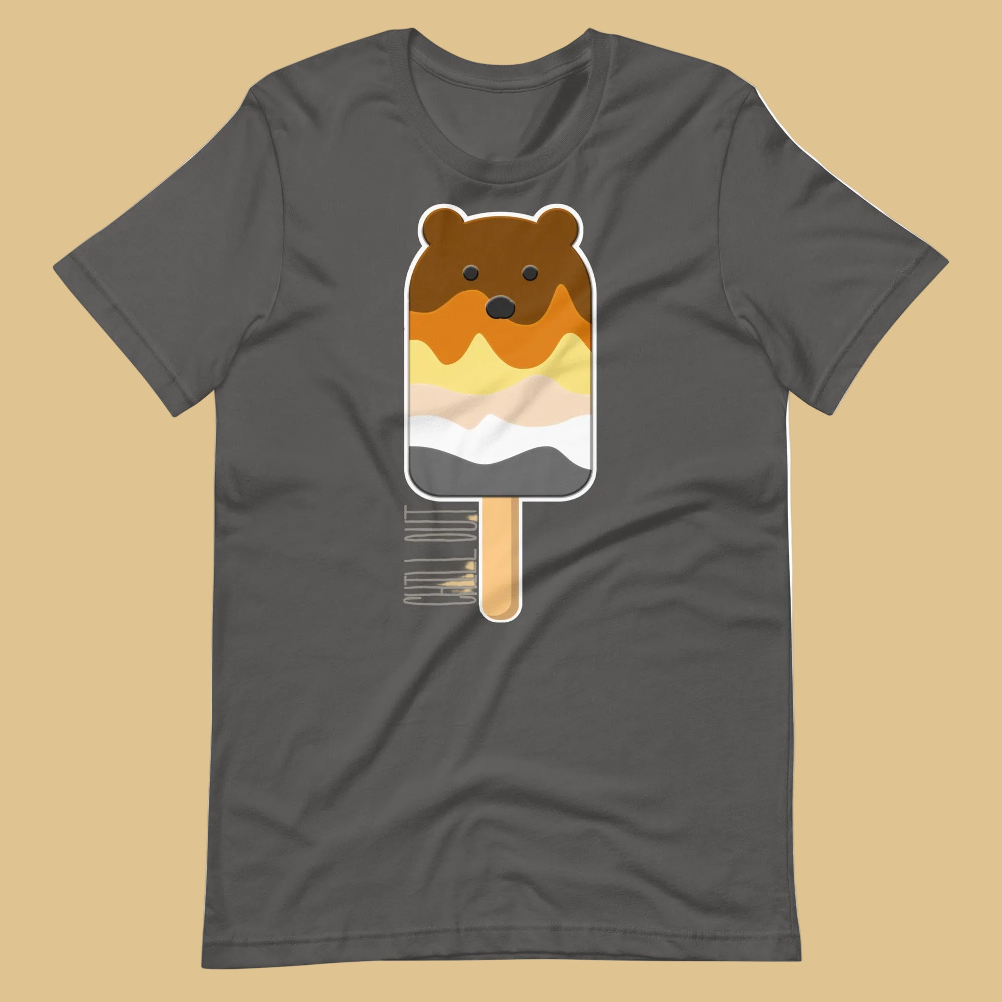 Asphalt t-shirt with a bear popsicle graphic on a beige background - Bear Paddle Pop T-Shirt – Gay Bear Pride Flag Parody Tee – LGBTQ+ pride t-shirts US UK – Gay pride shirts collection – Made-to-order gay apparel