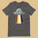 Gay bear tee in asphalt grey with UFO leather bear pride flag graphic flat lay - UFO Bear T-Shirt – Gay Leather Pride Tee for Bears – LGBTQ+ pride t-shirts US UK – Gay pride shirts collection – Made-to-order gay apparel