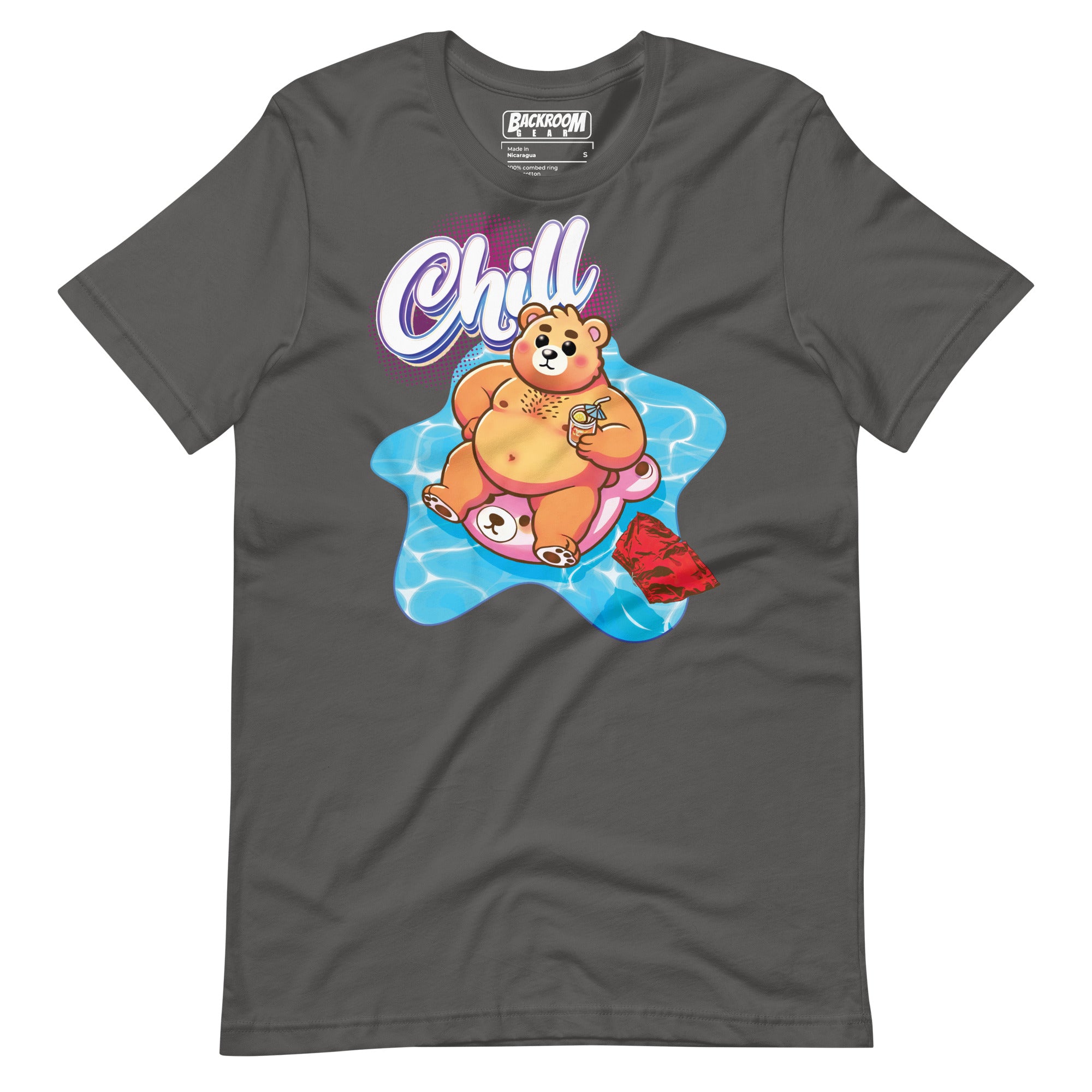Asphalt grey t-shirt with a pool bear graphic and 'Chill' text on a yellow background - Bear Pool Pride T-Shirt | Chubby Bear Graphic Tee – Gay pride shirts collection – LGBTQ+ pride t-shirts US UK – Made-to-order gay apparel