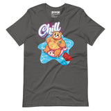 Asphalt grey t-shirt with a pool bear graphic and 'Chill' text on a yellow background - Bear Pool Pride T-Shirt | Chubby Bear Graphic Tee – Gay pride shirts collection – LGBTQ+ pride t-shirts US UK – Made-to-order gay apparel