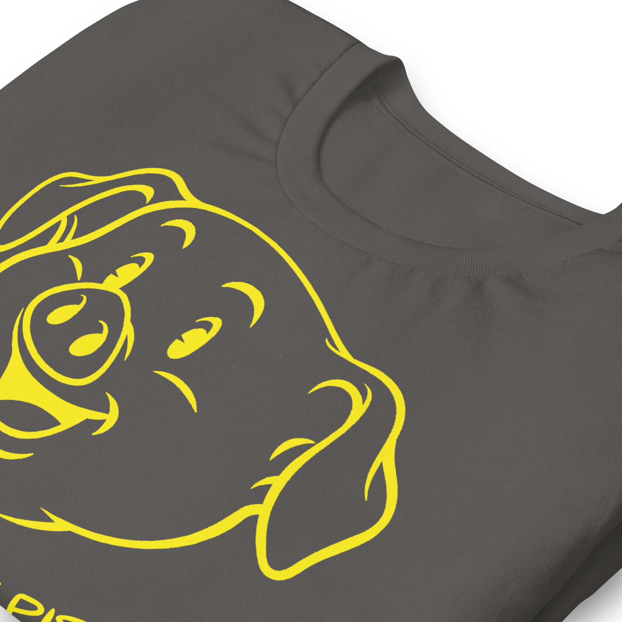 Folded Asphalt grey Happy Little Piss Pig t-shirt - watersports kink pride LGBTQ+ tee by BackRoom Gear