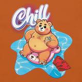 close-up of a pool bear graphic and 'Chill' text on a yellow background - Bear Pool Pride T-Shirt | Chubby Bear Graphic Tee – Gay pride shirts collection – LGBTQ+ pride t-shirts US UK – Made-to-order gay apparel