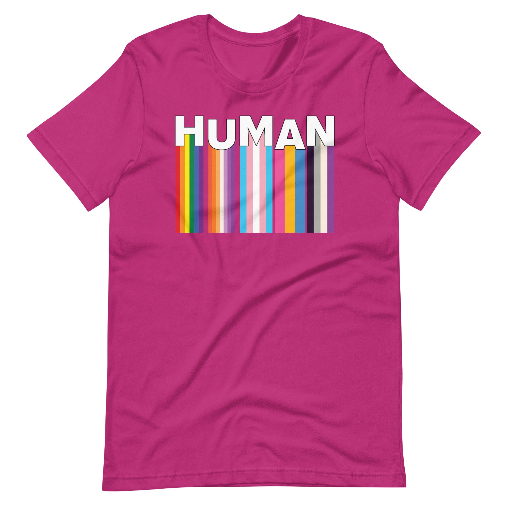 We Are Human Berry pink T-Shirt Flat - BackRoom Gear - Human Rainbow Heart Pride T-Shirt – LGBTQ+ Love Unity Tee – Inclusive rainbow pride shirt – LGBTQ+ pride t-shirts US UK – Made-to-order LGBTQ clothing
