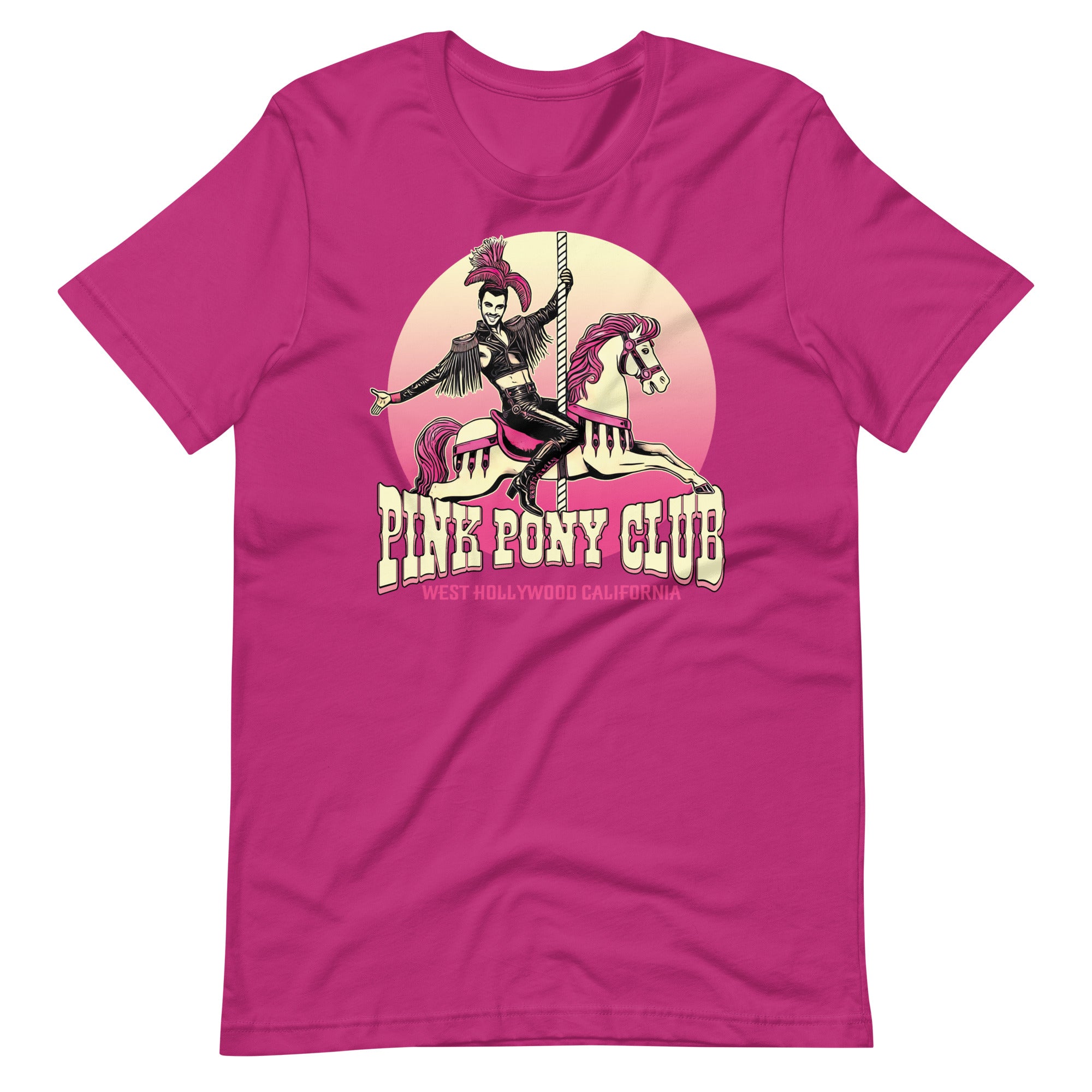 Berry pink t-shirt with a graphic design of a leather-clad rider on a carousel pony, with the text 'PINK PONY CLUB' above the graphic - Pink Pony Club T-Shirt – LGBTQ+ Leather Pride Gay Tee – Gay pride shirts collection – LGBTQ+ pride t-shirts US UK – Made-to-order gay apparel