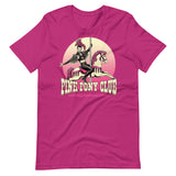 Berry pink t-shirt with a graphic design of a leather-clad rider on a carousel pony, with the text 'PINK PONY CLUB' above the graphic - Pink Pony Club T-Shirt – LGBTQ+ Leather Pride Gay Tee – Gay pride shirts collection – LGBTQ+ pride t-shirts US UK – Made-to-order gay apparel
