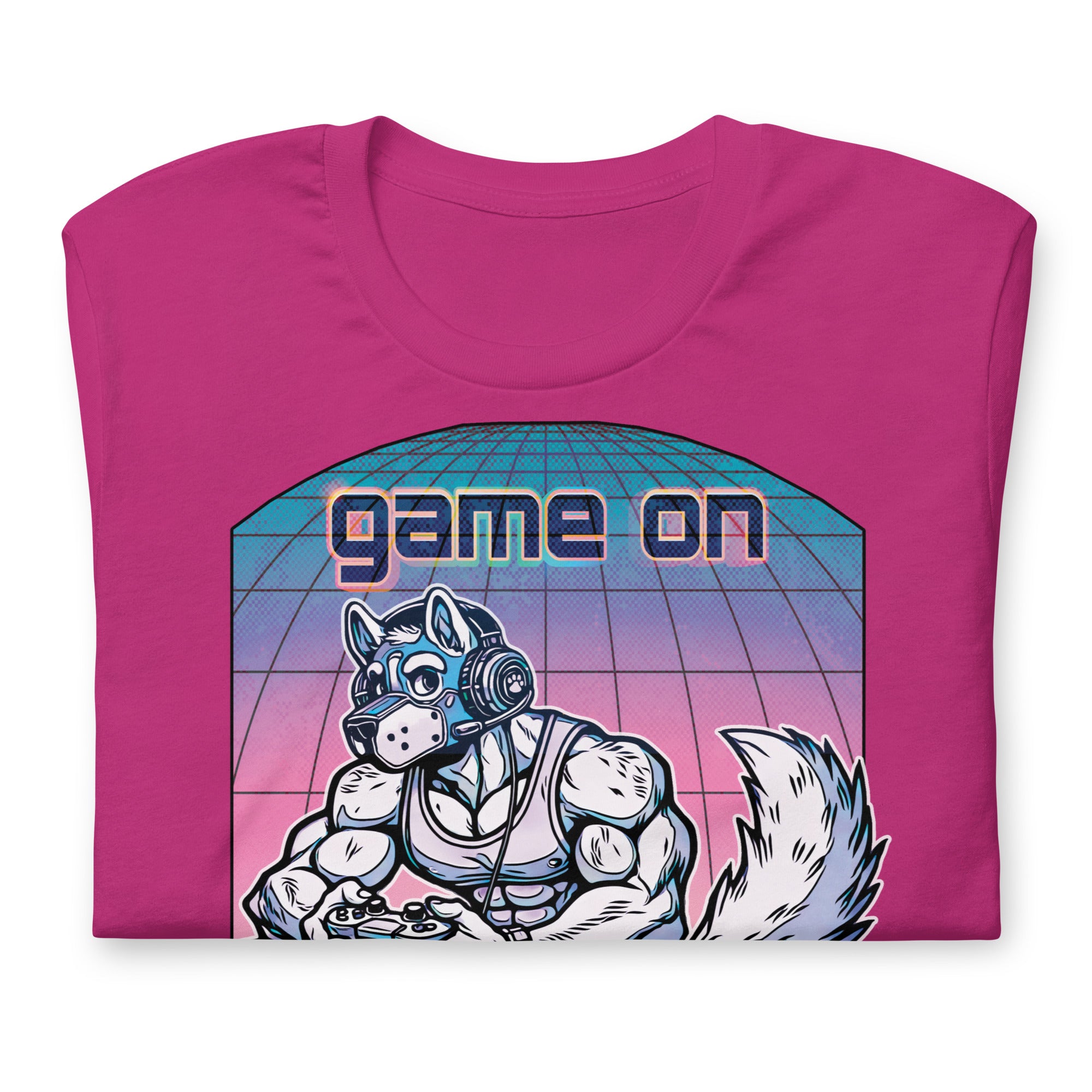 Folded Berry pink t-shirt with a "Game On Pup" graphic design – Gamer Gay Pup Play T-Shirt – LGBTQ+ pride t-shirts US UK – Gay pride shirts collection – Made-to-order gay apparel