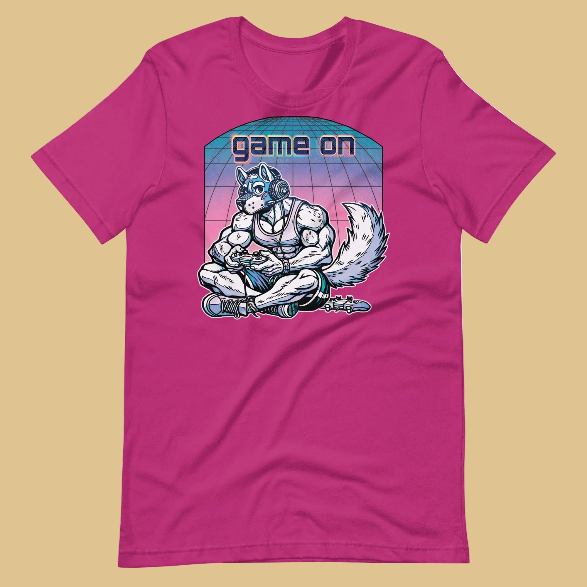 Berry pink t-shirt with a graphic of a muscular dog with a Pup mask and text 'Game On' on a beige background – Gamer Gay Pup Play T-Shirt – LGBTQ+ pride t-shirts US UK – Gay pride shirts collection – Made-to-order gay apparel